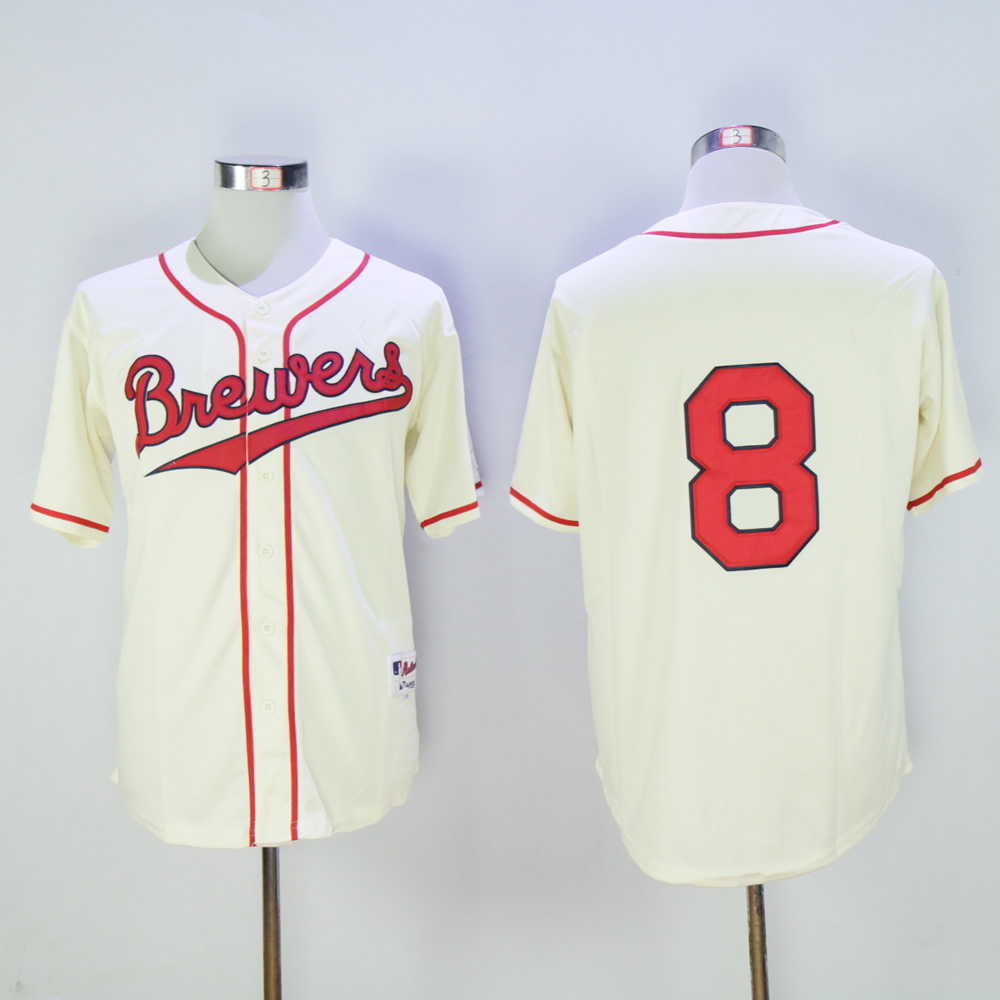 Men Milwaukee Brewers #8 Braun Cream Throwback MLB Jerseys